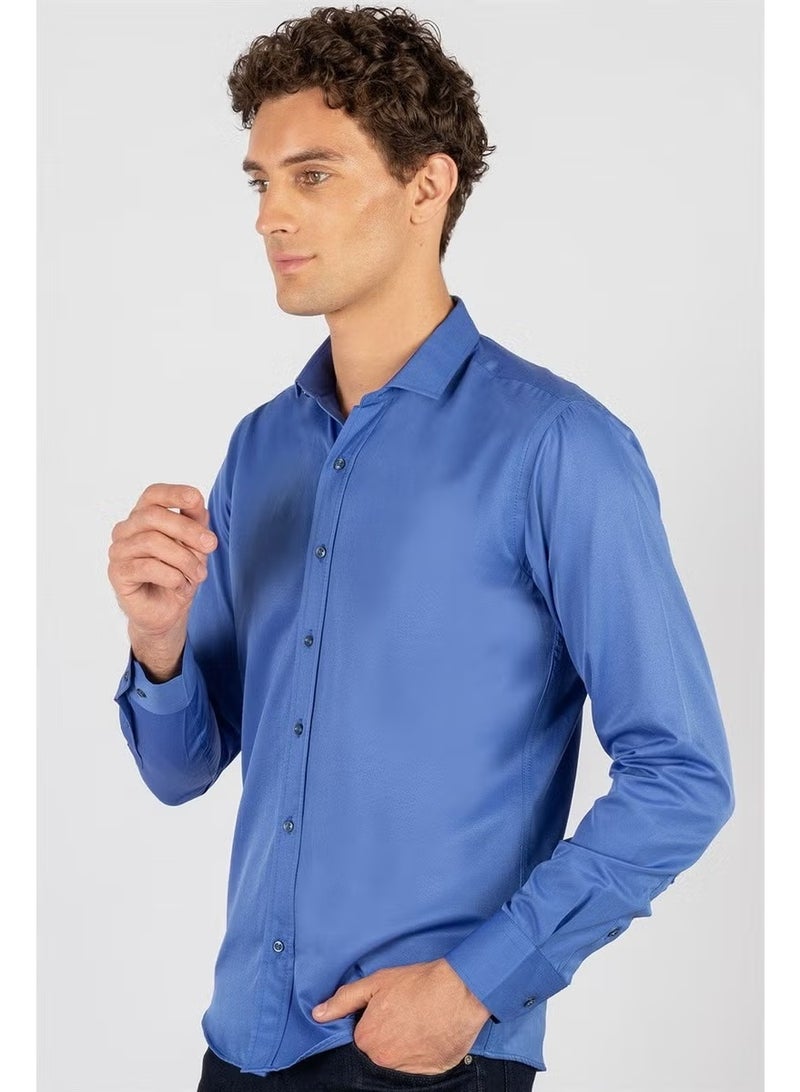 Tudors Modern Slim Fit Long Sleeve Plain Satin Cotton Men's Sax Blue Shirt - Image 2