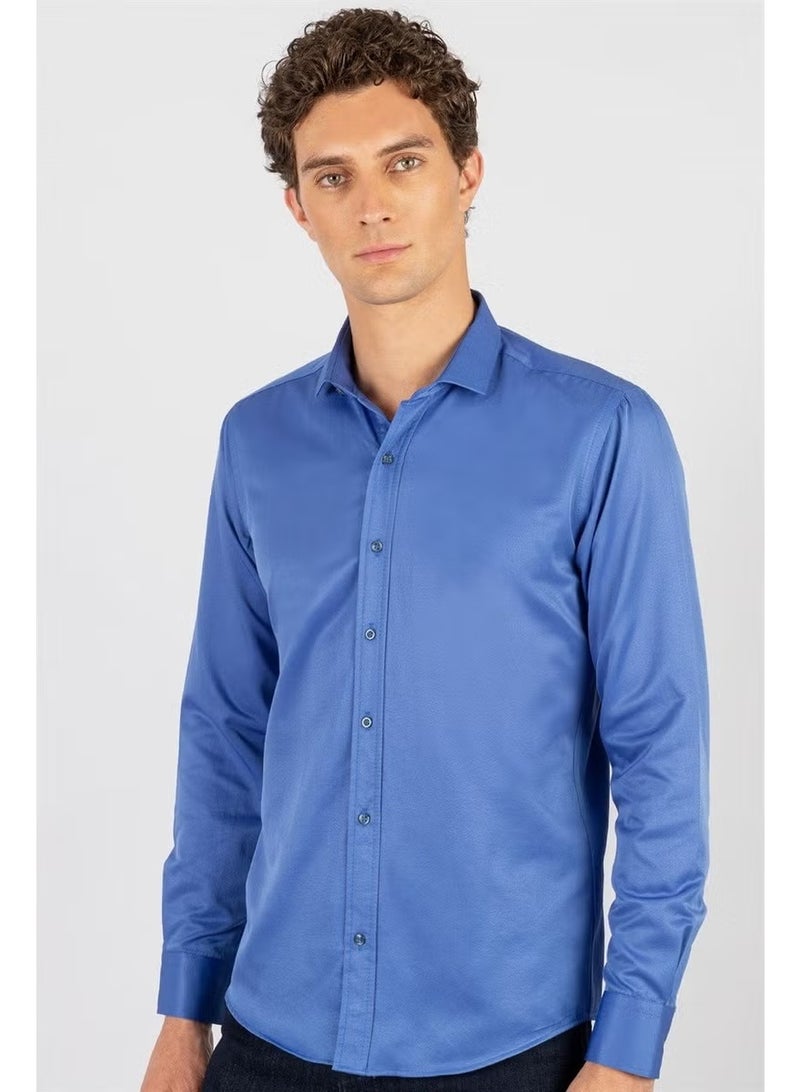 Tudors Modern Slim Fit Long Sleeve Plain Satin Cotton Men's Sax Blue Shirt - Image 1