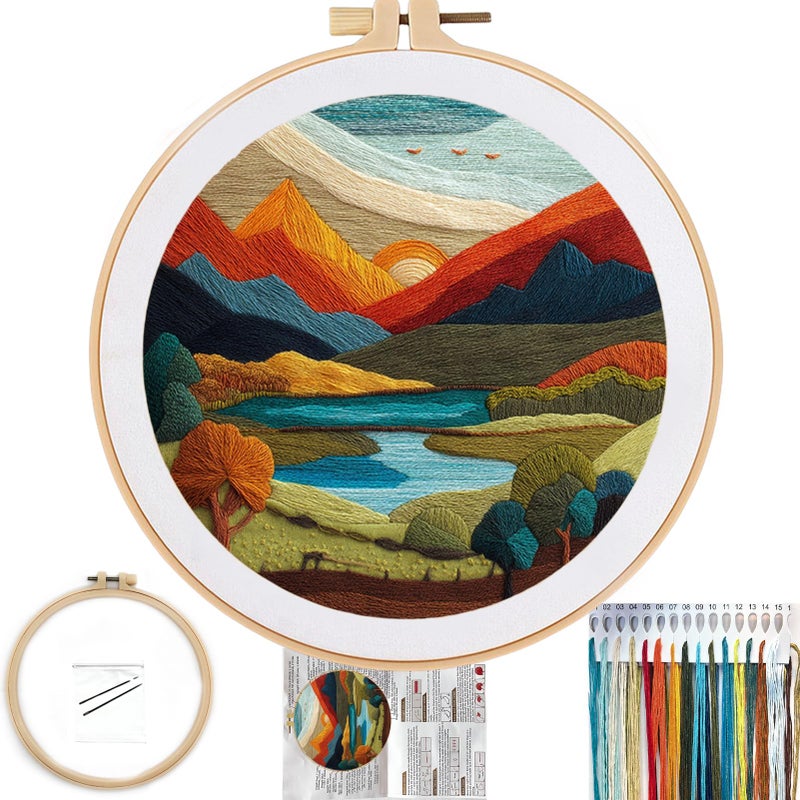 FONNUY Embroidery Kit for Beginners Brightly Colored Landscape Lake PreStamped Pattern Kits for Adults with Hoop Easy to Follow Color Thread Needlework 8 Hoop Darkblue - Image 3