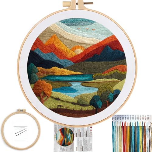 FONNUY Embroidery Kit for Beginners Brightly Colored Landscape Lake PreStamped Pattern Kits for Adults with Hoop Easy to Follow Color Thread Needlework 8 Hoop Darkblue - Image 1