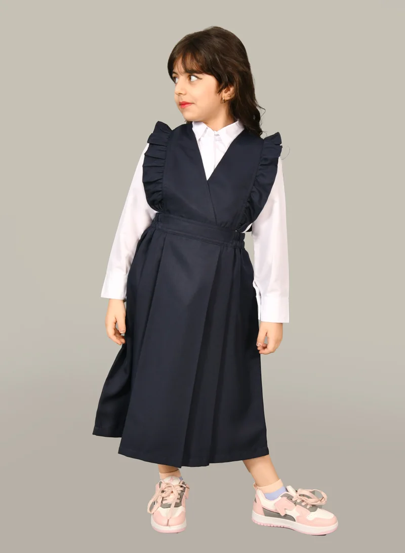 HAWRAA ABAYA Navy blue nursery apron with small ruffles, a gathered waist, and side pleats