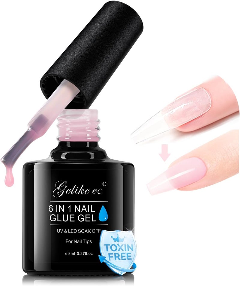 Gel Nail Glue UV Light: Sheer Blush Pink 6 in 1 Adhesive Gel Nail Polish, Strong Nail Glue for Press On Nails Nails Acrylic Tips, Long Last - Nail Art Gift for Home Salon Beginner DIY - Image 1
