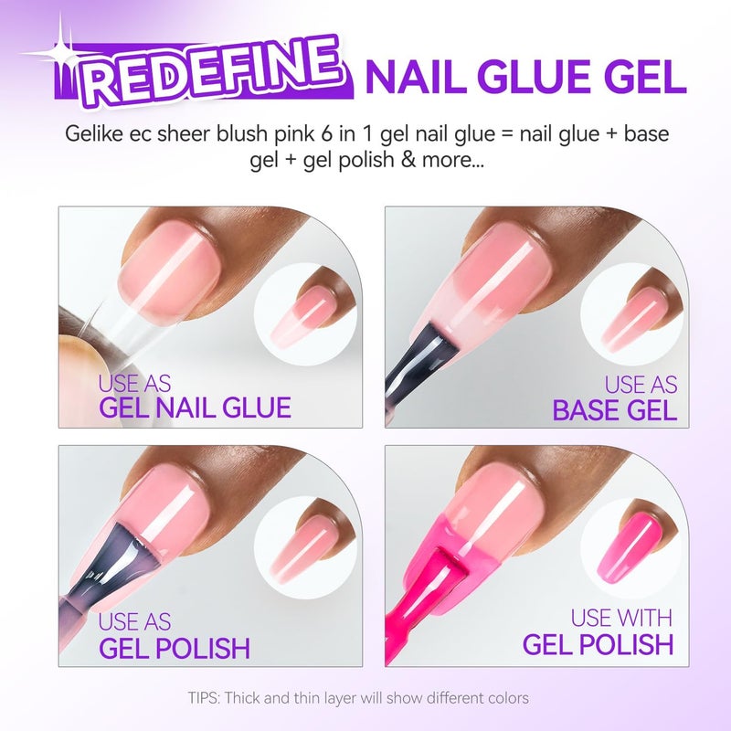 Gel Nail Glue UV Light: Sheer Blush Pink 6 in 1 Adhesive Gel Nail Polish, Strong Nail Glue for Press On Nails Nails Acrylic Tips, Long Last - Nail Art Gift for Home Salon Beginner DIY - Image 2