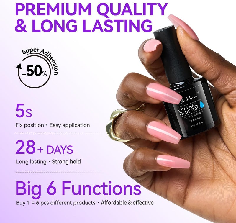 Gel Nail Glue UV Light: Sheer Blush Pink 6 in 1 Adhesive Gel Nail Polish, Strong Nail Glue for Press On Nails Nails Acrylic Tips, Long Last - Nail Art Gift for Home Salon Beginner DIY - Image 4