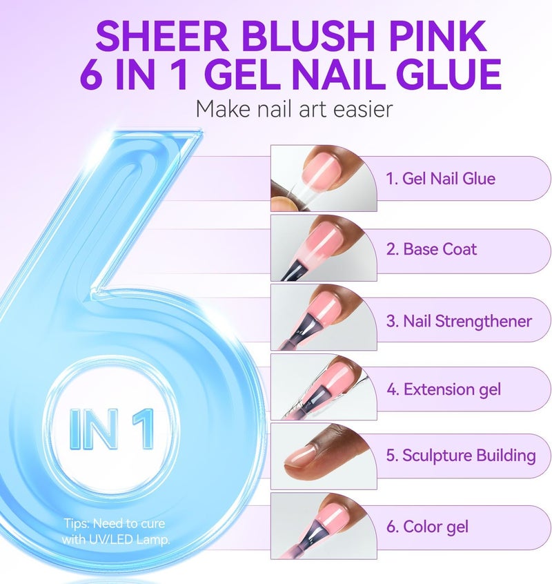 Gel Nail Glue UV Light: Sheer Blush Pink 6 in 1 Adhesive Gel Nail Polish, Strong Nail Glue for Press On Nails Nails Acrylic Tips, Long Last - Nail Art Gift for Home Salon Beginner DIY - Image 5