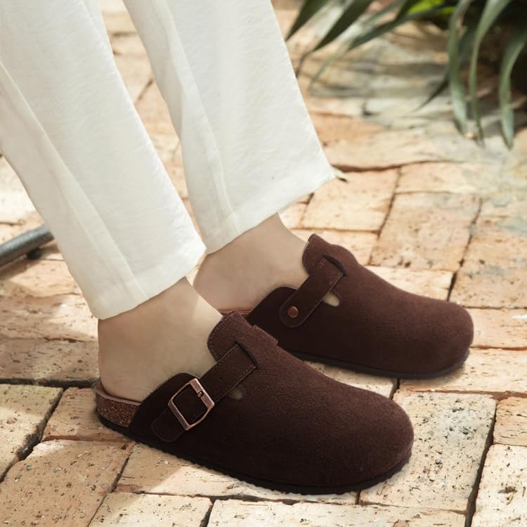 KIDMI Genuine Suede Clogs for Women Cork Footbed Sandals Leather Mules Potato Shoes with Arch Support Coffee 38 (Size 7) - Image 2