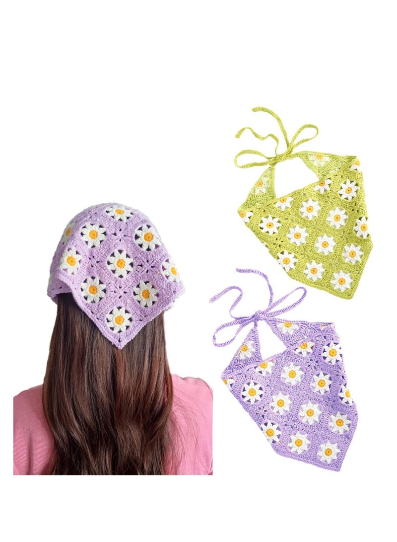 Y&D Crochet Floral Head Scarf, 2 Pcs Boho Kerchief Vintage Headbands, for Women Girls Knitted Coverings, Hair Accessories Styling Deco (Purple/Green) - Image 1