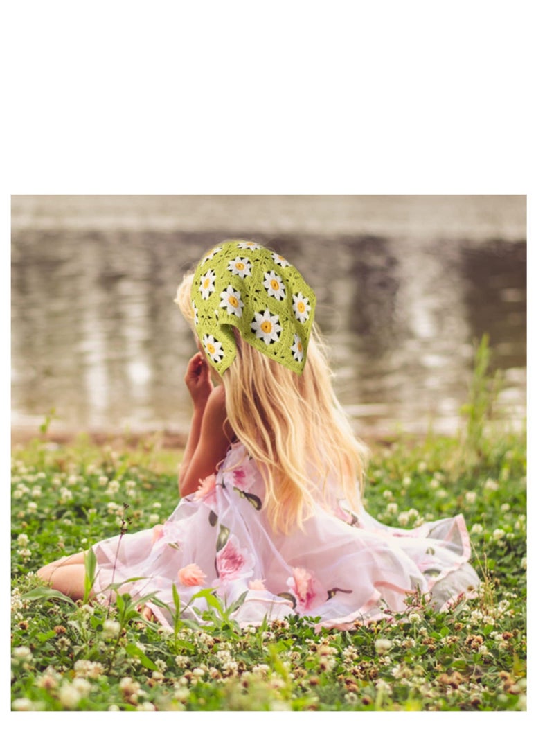 Y&D Crochet Floral Head Scarf, 2 Pcs Boho Kerchief Vintage Headbands, for Women Girls Knitted Coverings, Hair Accessories Styling Deco (Purple/Green) - Image 4
