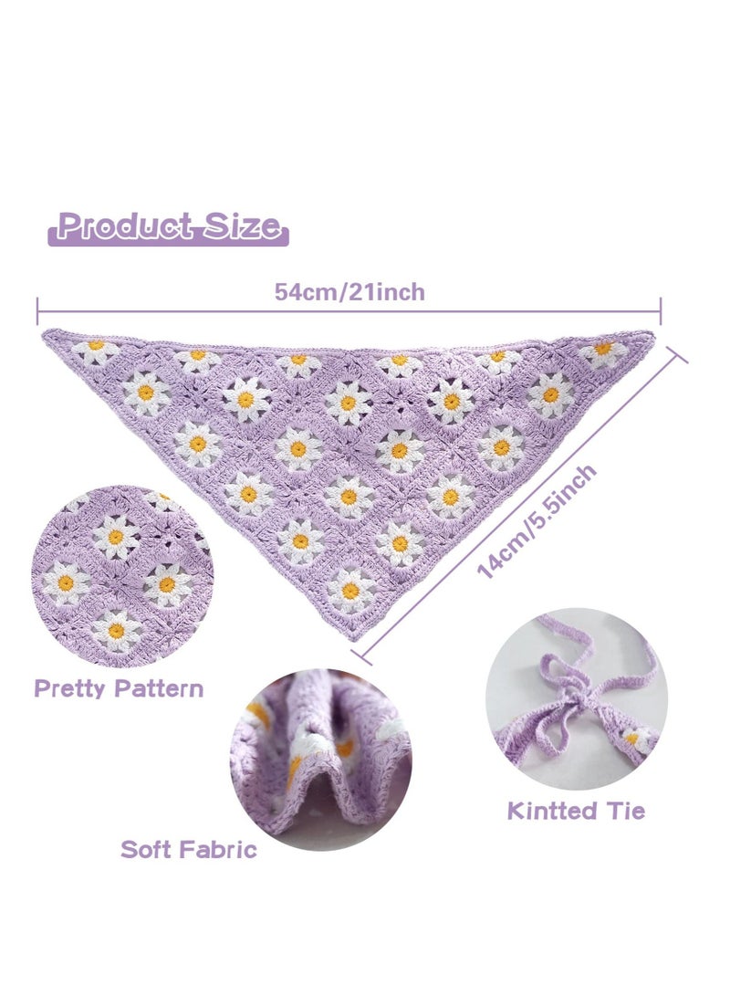 Y&D Crochet Floral Head Scarf, 2 Pcs Boho Kerchief Vintage Headbands, for Women Girls Knitted Coverings, Hair Accessories Styling Deco (Purple/Green) - Image 2