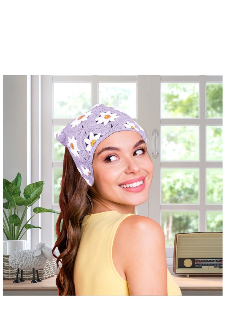 Y&D Crochet Floral Head Scarf, 2 Pcs Boho Kerchief Vintage Headbands, for Women Girls Knitted Coverings, Hair Accessories Styling Deco (Purple/Green) - Image 5