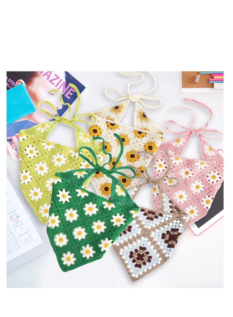 Y&D Crochet Floral Head Scarf, 2 Pcs Boho Kerchief Vintage Headbands, for Women Girls Knitted Coverings, Hair Accessories Styling Deco (Purple/Green) - Image 3