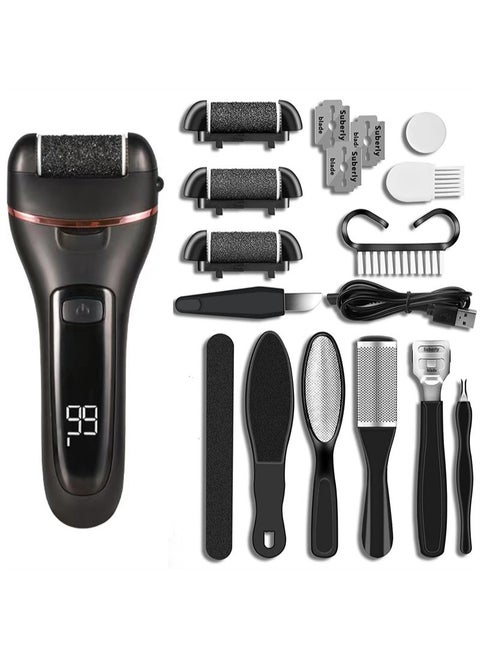 Electric Callus Remover for Feet Rechargeable Pedicure Tool Foot Care Foot File All-in-1 Callus Remover Kit for Removing Cracked and Dead Skin from Heels with 3 Roller Heads 2-Speed Battery Display