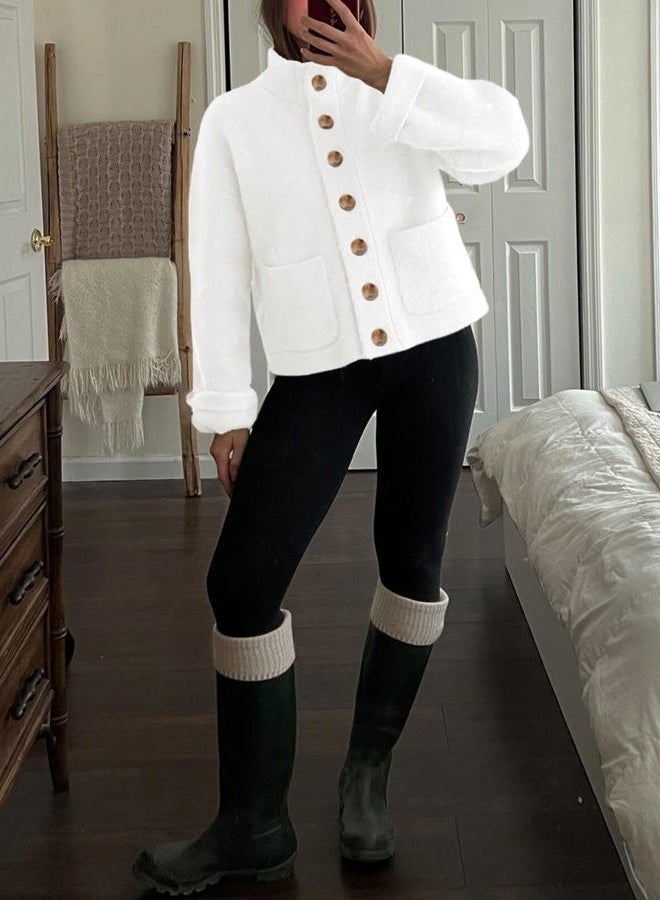 Cicy Bell Womens Chunky Knit Cardigan Sweaters Button Down Mock Neck Open Front Jacket Winter Casual Outerwear with Pockets, White, M - Image 4
