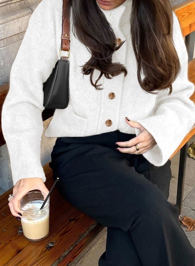Cicy Bell Womens Chunky Knit Cardigan Sweaters Button Down Mock Neck Open Front Jacket Winter Casual Outerwear with Pockets, White, M - Image 3