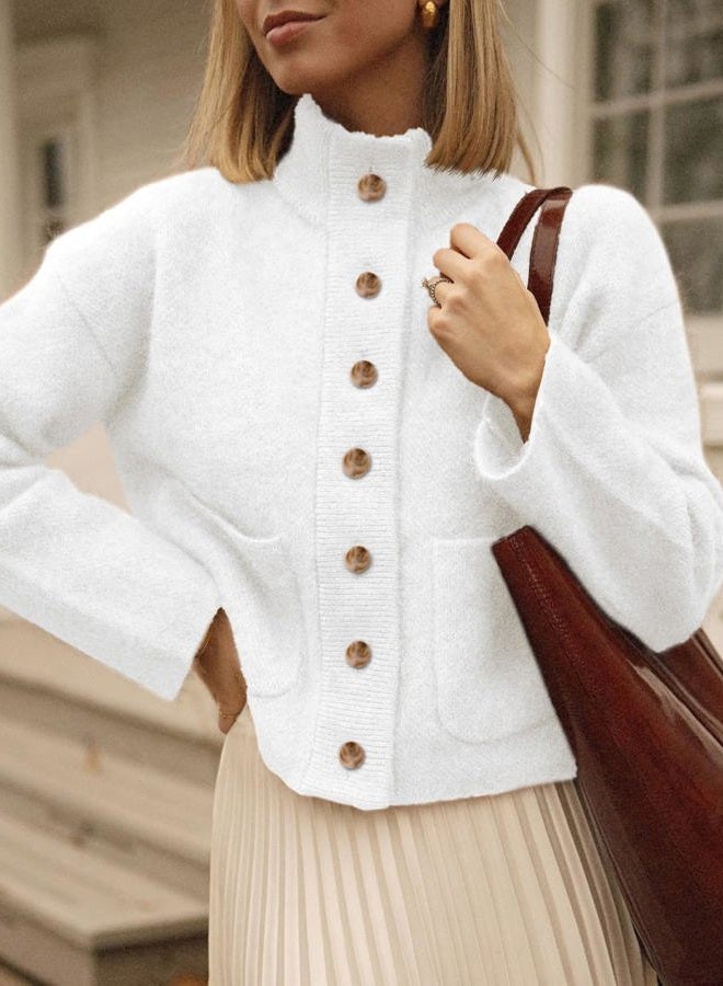 Cicy Bell Womens Chunky Knit Cardigan Sweaters Button Down Mock Neck Open Front Jacket Winter Casual Outerwear with Pockets, White, M - Image 2