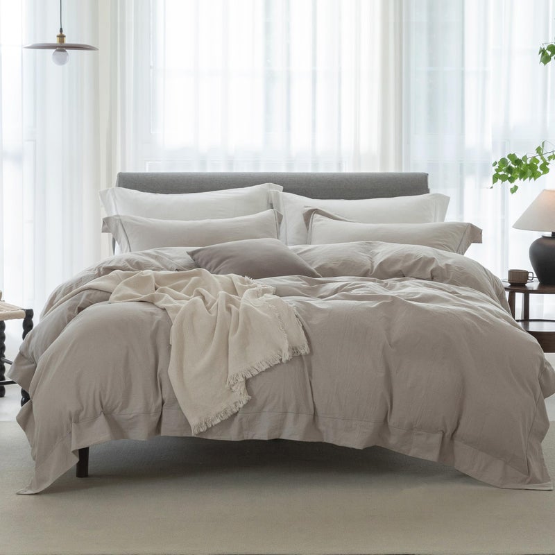 ELIMMO Cooling King Duvet Cover Set 3 Pieces-100% Washed Cotton with Chic Wide Trim Design Linen Like Textured Ultra Soft Cozy Bedding with Zipper Closure(Hemmed Beige Grey,King 104"x90") - Image 1