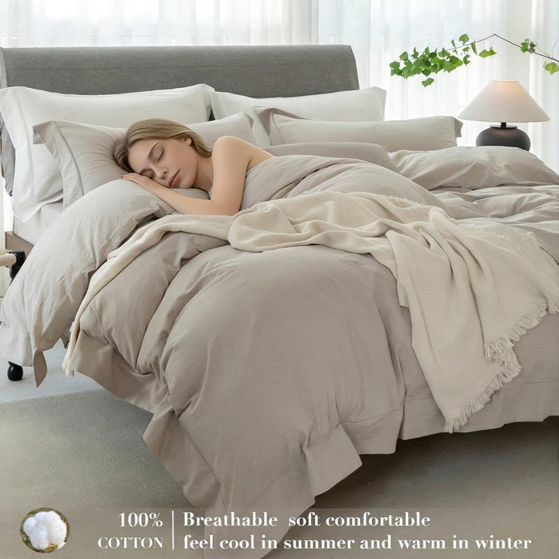 ELIMMO Cooling King Duvet Cover Set 3 Pieces-100% Washed Cotton with Chic Wide Trim Design Linen Like Textured Ultra Soft Cozy Bedding with Zipper Closure(Hemmed Beige Grey,King 104"x90") - Image 3