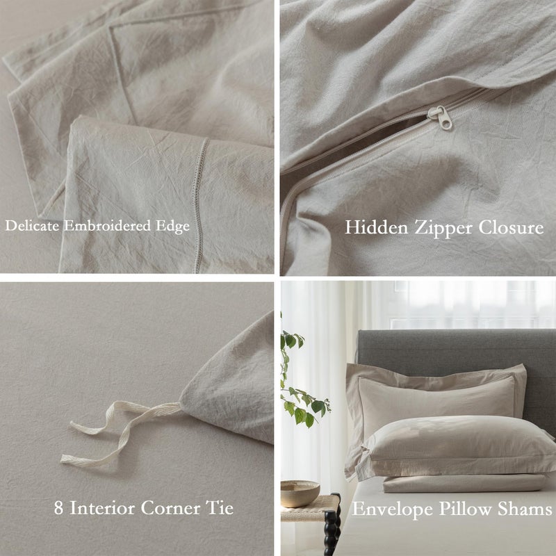 ELIMMO Cooling King Duvet Cover Set 3 Pieces-100% Washed Cotton with Chic Wide Trim Design Linen Like Textured Ultra Soft Cozy Bedding with Zipper Closure(Hemmed Beige Grey,King 104"x90") - Image 5