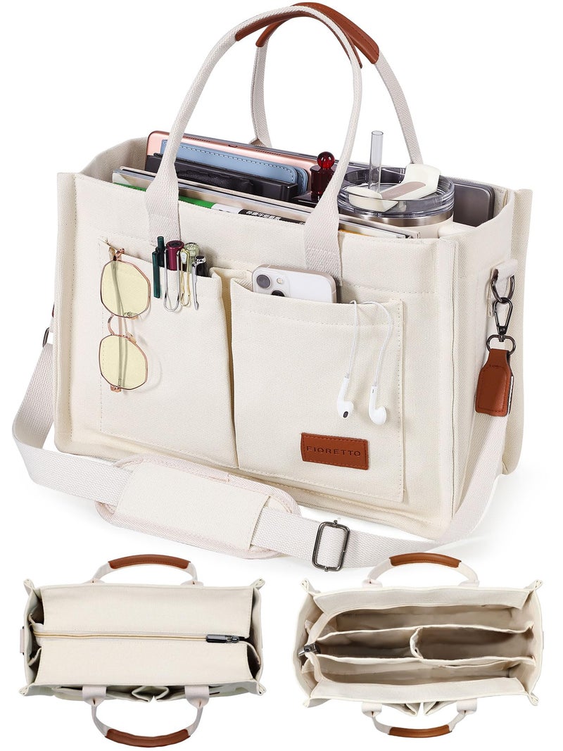 FIORETTO Canvas Tote Bag for Women with Zipper Closure & Individual Compartments for Work College, Crossbody Laptop Tote Purse Handbag with Detachable Strap & Bottom Support for Teacher & Nurse Beige - Image 1