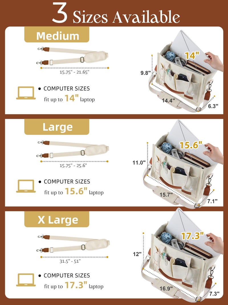 FIORETTO Canvas Tote Bag for Women with Zipper Closure & Individual Compartments for Work College, Crossbody Laptop Tote Purse Handbag with Detachable Strap & Bottom Support for Teacher & Nurse Beige - Image 4