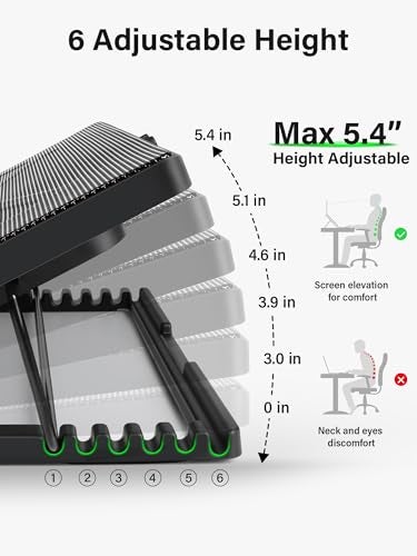 Kootek Laptop Cooling Pad, Laptop Cooler with 5 Quiet Fans for 12"-17" Computer PC Notebook Gaming Laptop Fan, Height Adjustable Laptop Cooling Stand Laptop Accessories, Green - Image 3