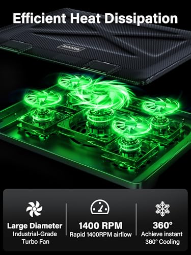 Kootek Laptop Cooling Pad, Laptop Cooler with 5 Quiet Fans for 12"-17" Computer PC Notebook Gaming Laptop Fan, Height Adjustable Laptop Cooling Stand Laptop Accessories, Green - Image 2
