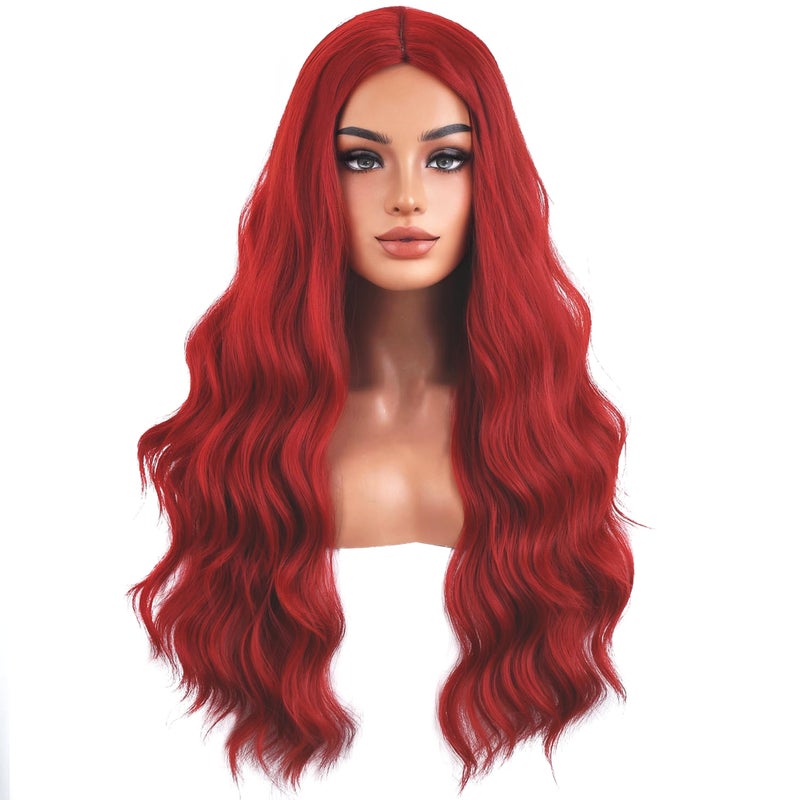 MAGQOO Bright Red Wig for Women Girls Long Curly Wavy Red Wigs Middle Part Heat Resistant High Density Synthetic Wigs Bright Red
