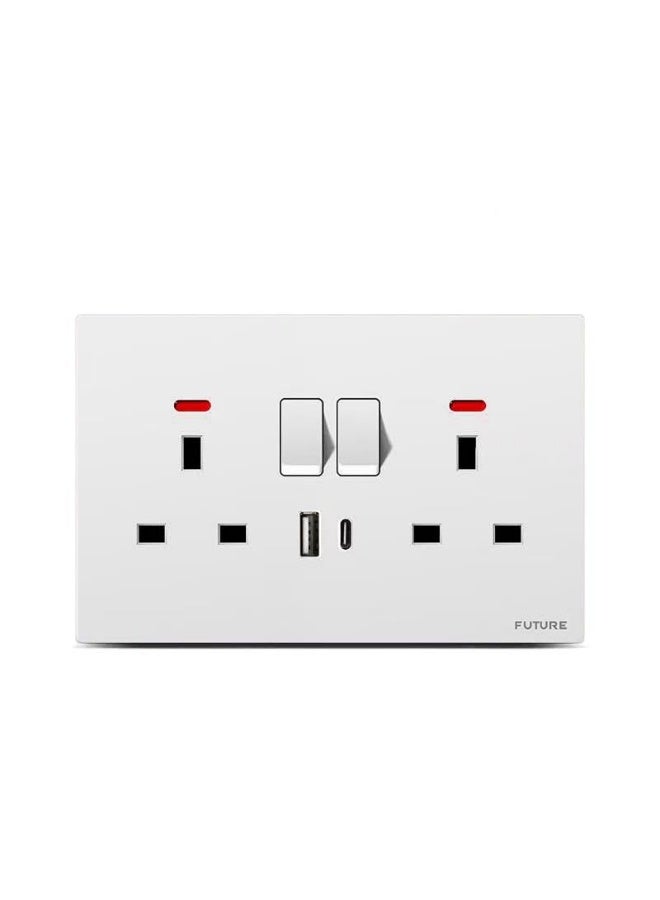 Future Double Switched Power Socket Outlet with USB-A and USB-C Charging Ports, Wall Mounted Electrical Socket for Home Office Bedroom Kitchen Fast Charging Power Access Solution - Image 1