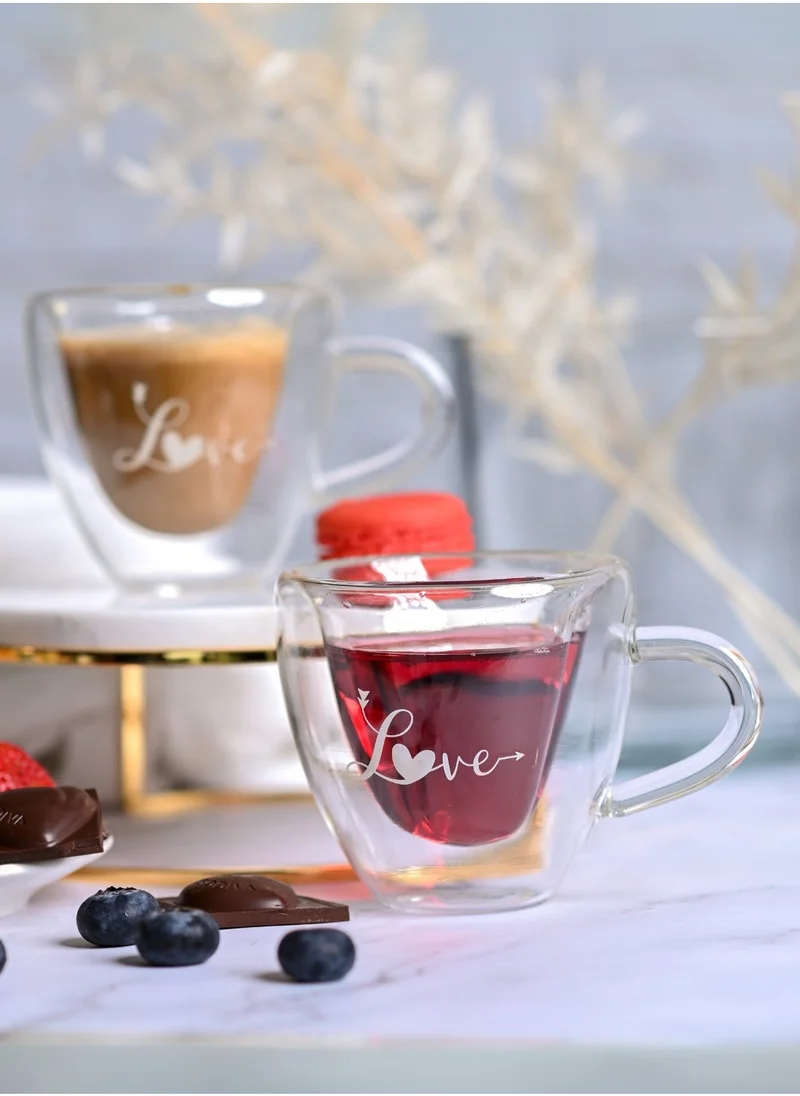 1 تشيس Double Wall Heart Shaped Love Printed Glass Mug with Handle 180 ML 2pcs Set