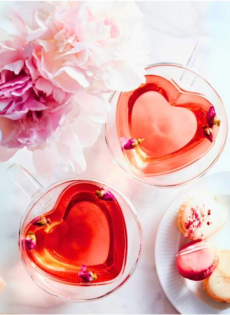 1Chase Double Wall Heart Shaped Love Printed Glass Mug with Handle 180 ML 2pcs Set Clear