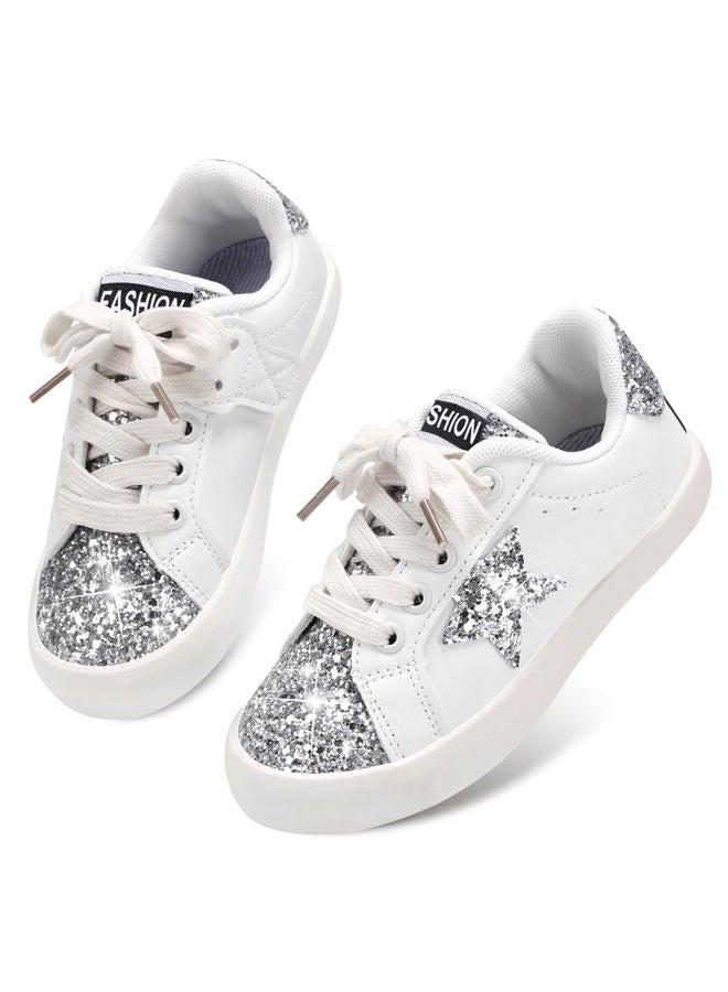 QIMAOO Girls Sneakers Glitter Tennis Shoes Lightweight Non-Slip Running Walking Shoes for Toddler/Little Kid/Big Kid, 947 White, 1 Big Kid - Image 3