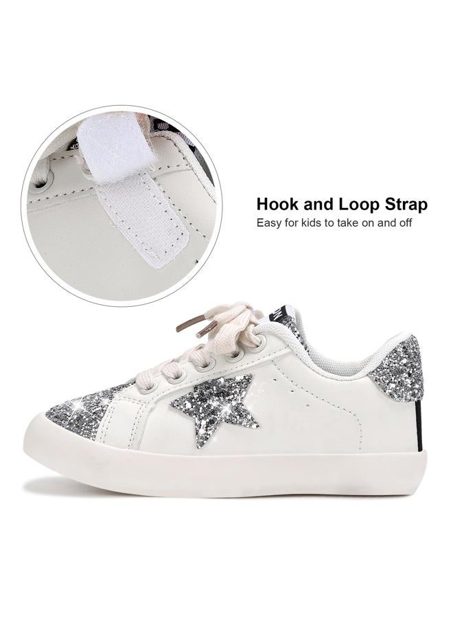 QIMAOO Girls Sneakers Glitter Tennis Shoes Lightweight Non-Slip Running Walking Shoes for Toddler/Little Kid/Big Kid, 947 White, 1 Big Kid - Image 4