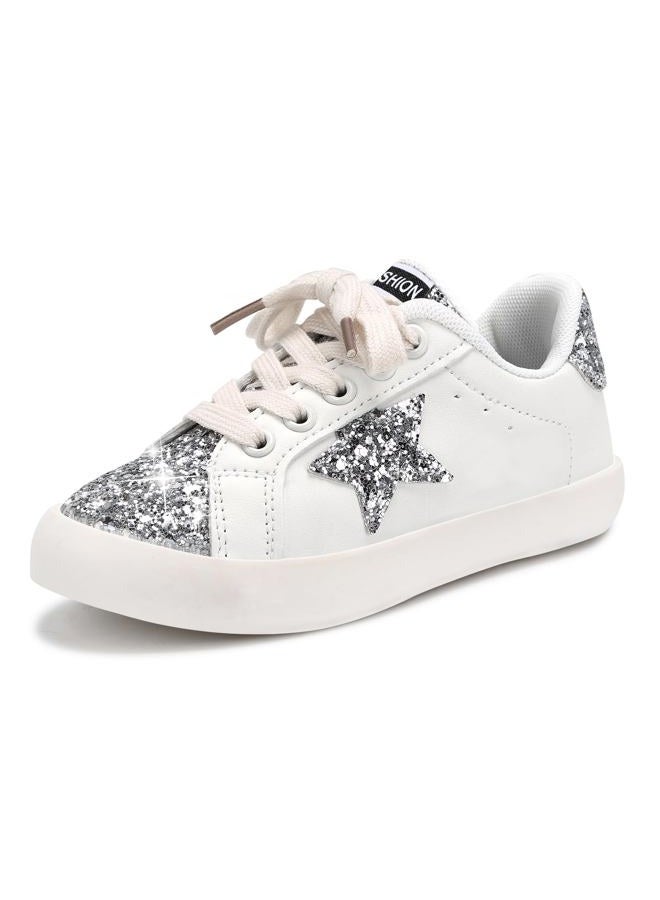 QIMAOO Girls Sneakers Glitter Tennis Shoes Lightweight Non-Slip Running Walking Shoes for Toddler/Little Kid/Big Kid, 947 White, 1 Big Kid - Image 1