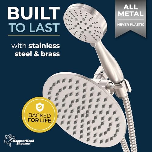 HammerHead Showers Dual Shower Head Combo, 8-Inch Rainfall & 3-Flow Handheld, Brushed Nickel, 2.5 GPM - Image 2