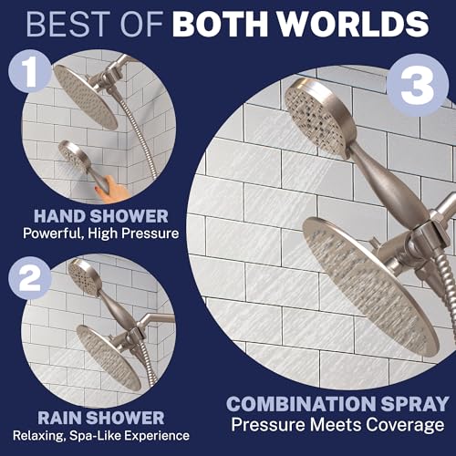 HammerHead Showers Dual Shower Head Combo, 8-Inch Rainfall & 3-Flow Handheld, Brushed Nickel, 2.5 GPM - Image 3