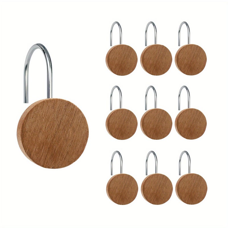 12 Pcs Golden Stainless Steel Metal Shower Curtain Hooks Solid Wood Decorative Rustproof Dustproof Strong Load Bearing Easy To Hang Suitable For Bathroom Bedroom Living Room Kitchen Accessories - Image 1