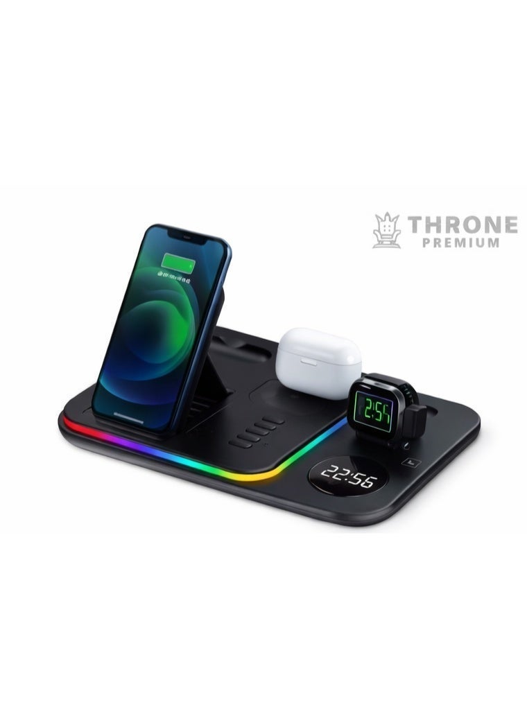 THRONE PREMIUM 5-in-1 Wireless Charging Station Dock with Digital Clock & Light – Fast Charging Stand for iPhone, Apple Watch & AirPods - Image 1