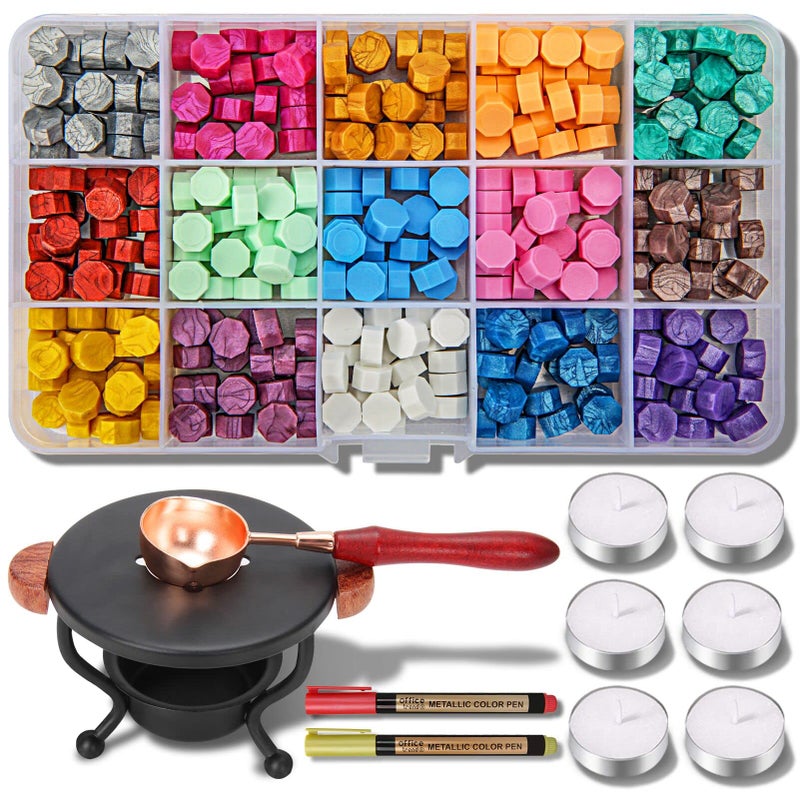 YIPLED Sealing Wax Kit 310 Pcs With Beads 2 Pens Warmer Stamp Spoon and Candles for Letter Sealing Envelopes Custom Invitations 15 Colors
