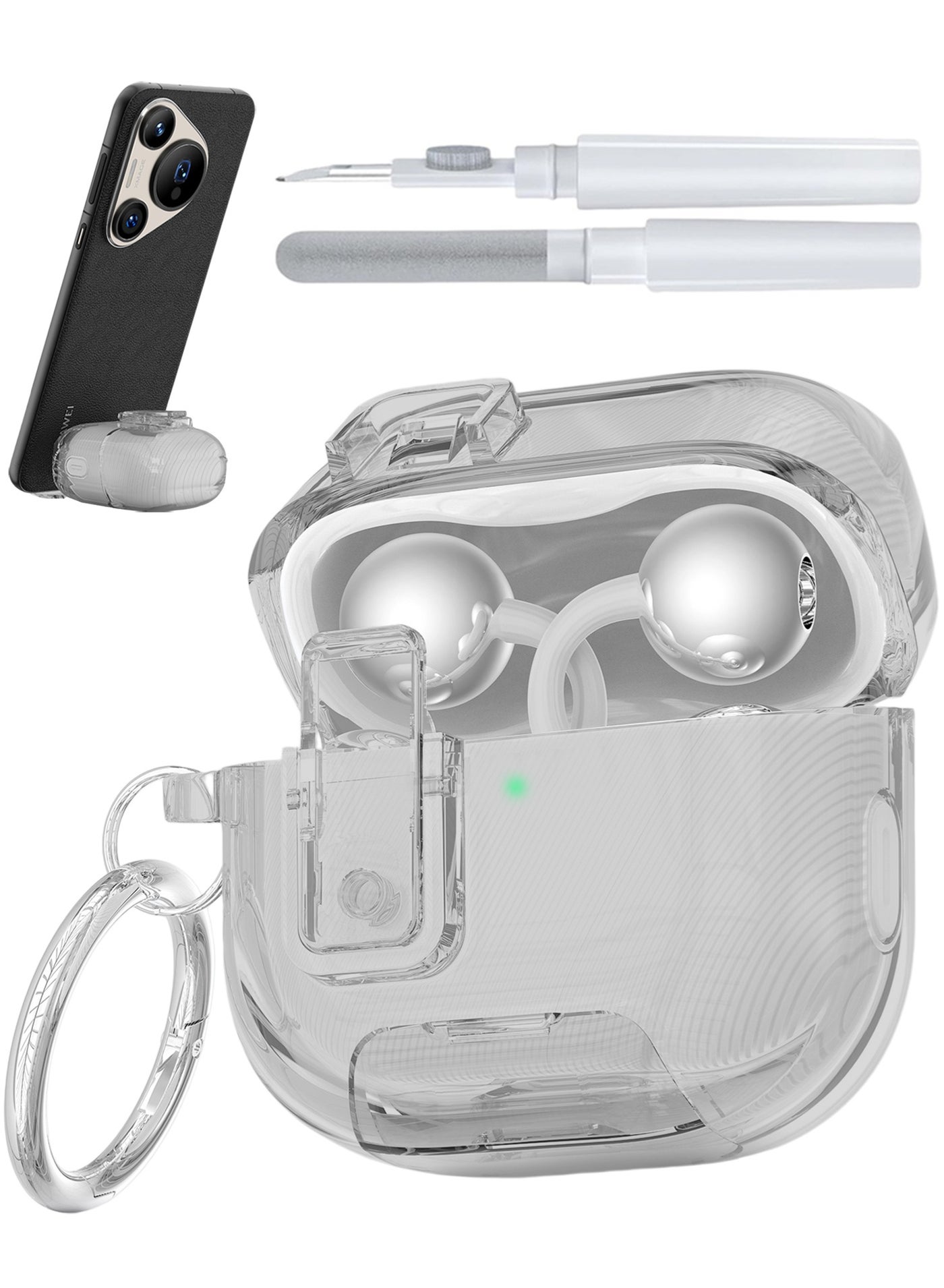 Soft Case for Huawei FreeClip 2, with Carabiner and Cleaning Kit, Lock Clip with Phone Stand, Clear Black