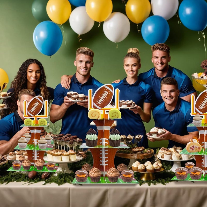 SPFYunion 2PCS Football Theme Cupcake Stand 3 Tier Football Field Dessert Tower Football Field Theme Party Decor Applicable to Boys and Girls Teenagers Sport Party Supplies - Image 4