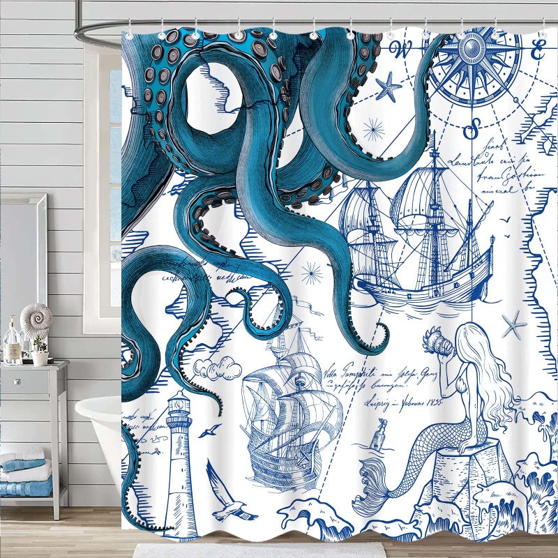 Fungarth Blue Nautical Octopus Shower Curtain Navy Mermaid Funny Ocean Kraken Shower Curtains for Bathroom Cool Anchor Coastal Map Waterproof Fabric Bath Curtain Decor with Hooks (Blue, 72â€ x 72â€) - Image 4