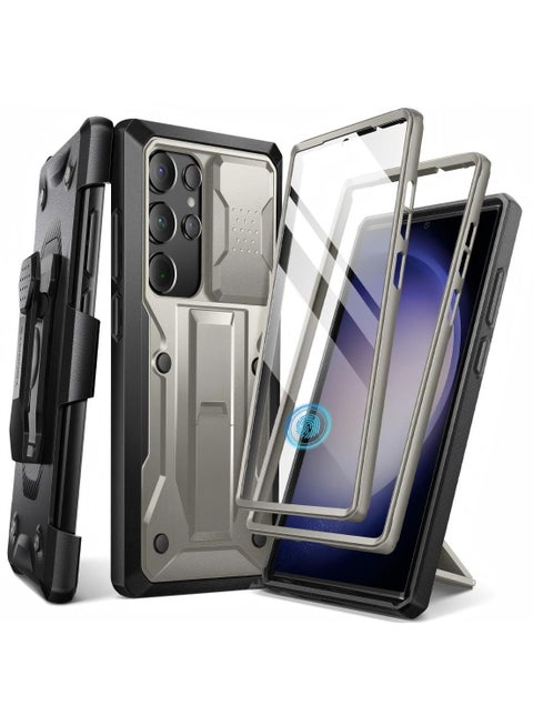Samsung Galaxy S23 Ultra Case, [Built-in Sliding Camera Cover and Screen Protector] [2 Front Frames] Premium Drop-Proof Shockproof S23 Ultra Case with Kickstand and Belt Clip, 6.8 Inch, Titanium Gray