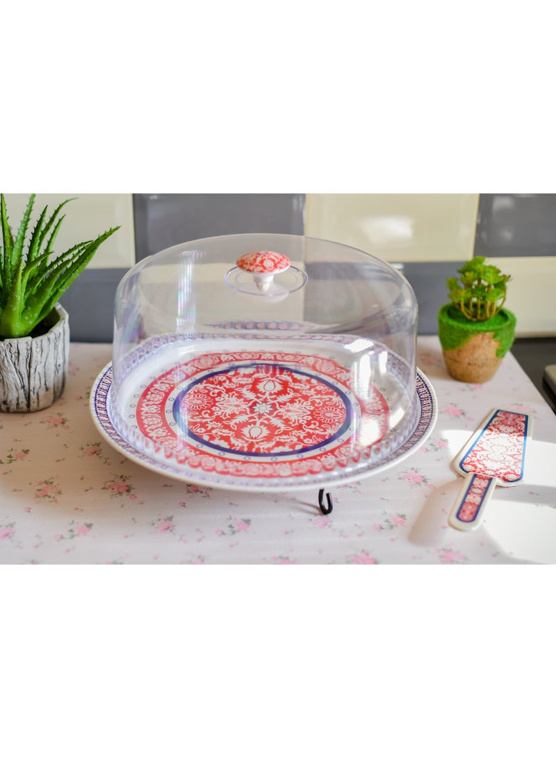 13 Inch Melamine Cake Platter with Dome Cover and Server - Image 3