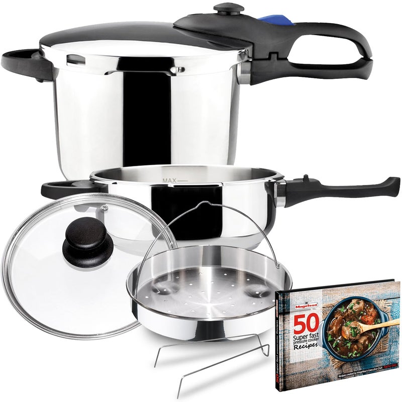 Magefesa MAGEFESA Favorit Six FastCooking Pressure Cooker Set 32 Qt  63 Qt Stainless Steel Induction Compatible Heat Diffuser Base 5 Safety Systems  Special Edition Steam Basket Lid  Recipe Book