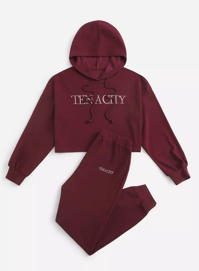 Letter Embroidery Drop Shoulder Drawstring Crop Hoodie & Sweatpants