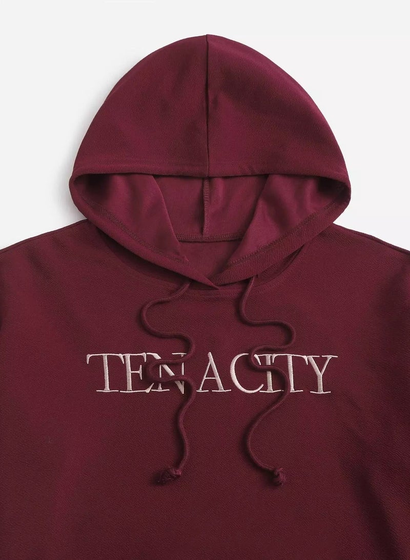 Letter Embroidery Drop Shoulder Drawstring Crop Hoodie & Sweatpants