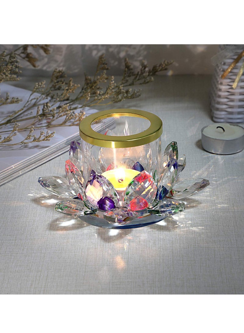 KASTWAVE Colorful Crystal Lotus Tealight Candle Holder Votive Candle Stand with Glass Cover, Glass Lotus Petal Tea Light Holder Lotus Flower Pillar Candle Lamp Candle Centerpiece for Dining Table Altar  - Image 2