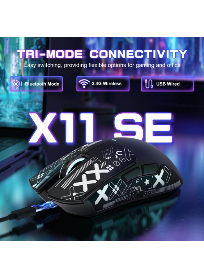 هجوم القرش ماوس ألعاب لاسلكي فائق الخفة X11SE، ثلاثي الأوضاع - 2.4 جيجاهرتز/USB-C سلكي/بلوتوث، مستشعر ألعاب PixArt PAW3311، 22 كيلو نقطة في البوصة، 5 أزرار قابلة للبرمجة لأجهزة الكمبيوتر المحمولة والكمبيوتر الشخصي وماك (أسود وملصق) - Image 2