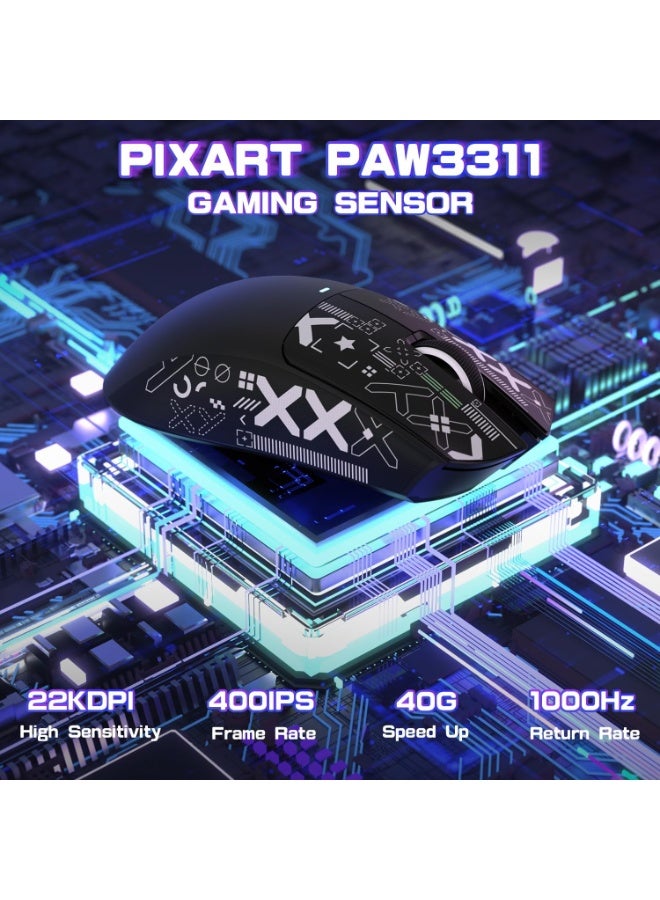 هجوم القرش ماوس ألعاب لاسلكي فائق الخفة X11SE، ثلاثي الأوضاع - 2.4 جيجاهرتز/USB-C سلكي/بلوتوث، مستشعر ألعاب PixArt PAW3311، 22 كيلو نقطة في البوصة، 5 أزرار قابلة للبرمجة لأجهزة الكمبيوتر المحمولة والكمبيوتر الشخصي وماك (أسود وملصق) - Image 4