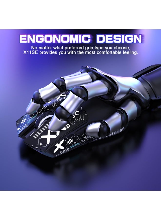 هجوم القرش ماوس ألعاب لاسلكي فائق الخفة X11SE، ثلاثي الأوضاع - 2.4 جيجاهرتز/USB-C سلكي/بلوتوث، مستشعر ألعاب PixArt PAW3311، 22 كيلو نقطة في البوصة، 5 أزرار قابلة للبرمجة لأجهزة الكمبيوتر المحمولة والكمبيوتر الشخصي وماك (أسود وملصق) - Image 5